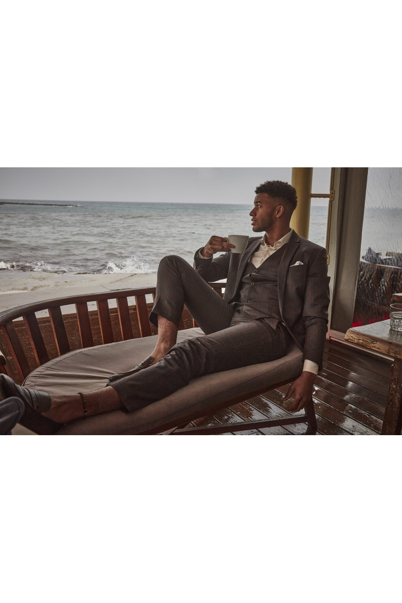 Brązowe spodnie męskie w drobną kratę | Villaro