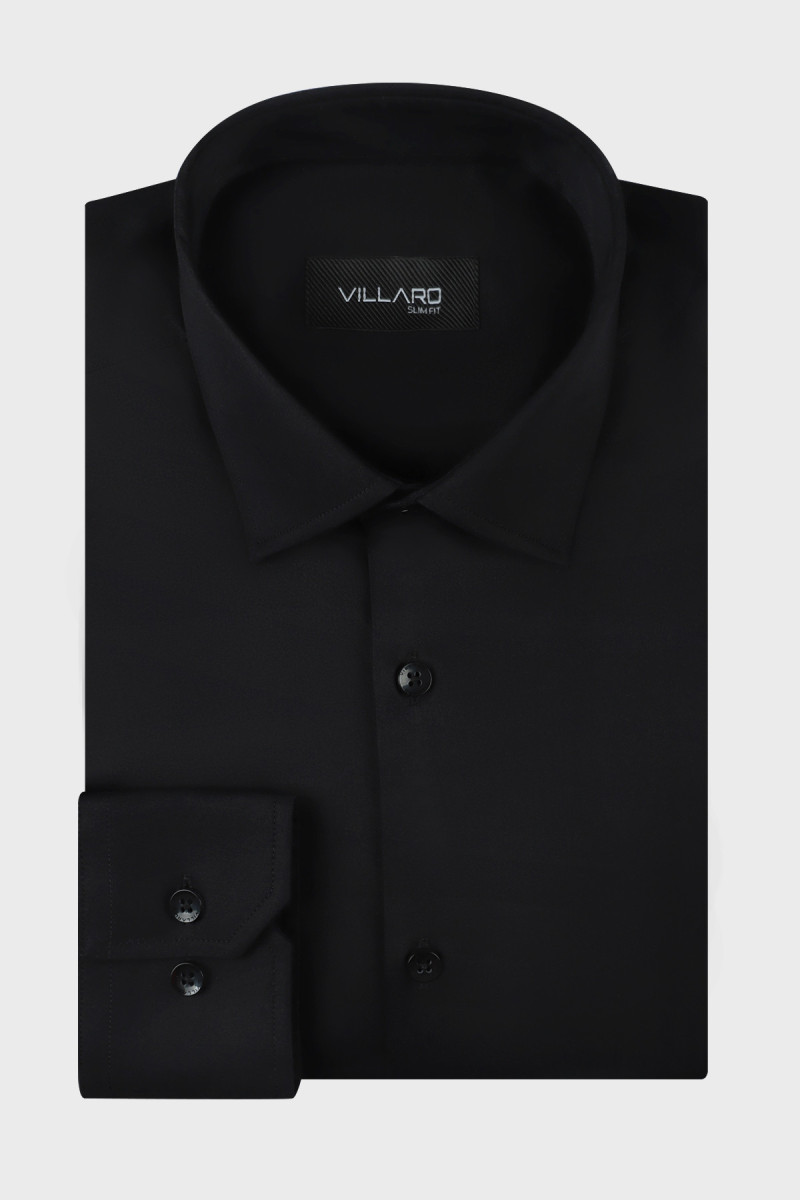 Czarna koszula męska Villaro Slim Fit – satynowa elegancka koszula z bawełny