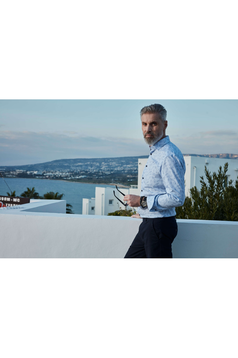 Niebieska koszula męska w drobne kwiaty, kontury | Villaro