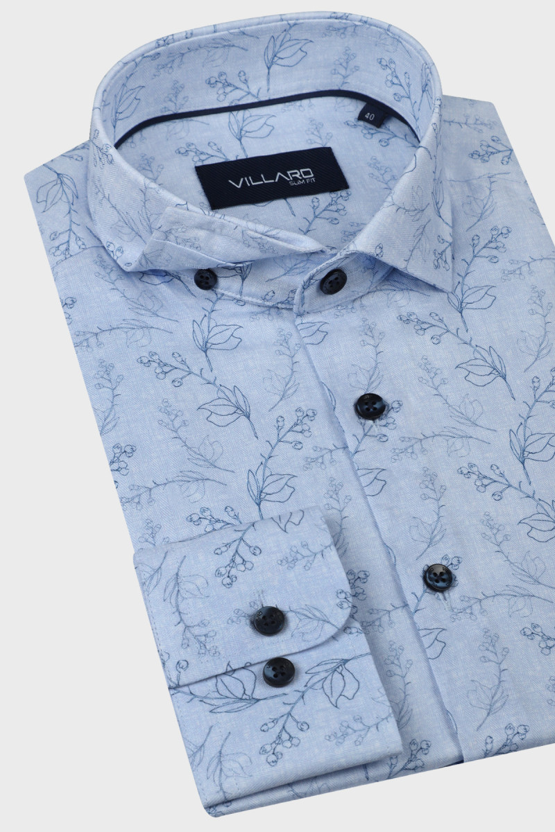 Niebieska koszula męska w drobne kwiaty, kontury | Villaro