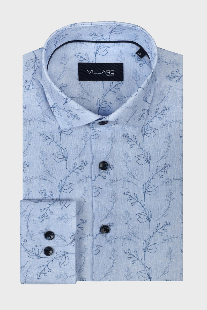 Niebieska koszula męska w drobne kwiaty, kontury | Villaro