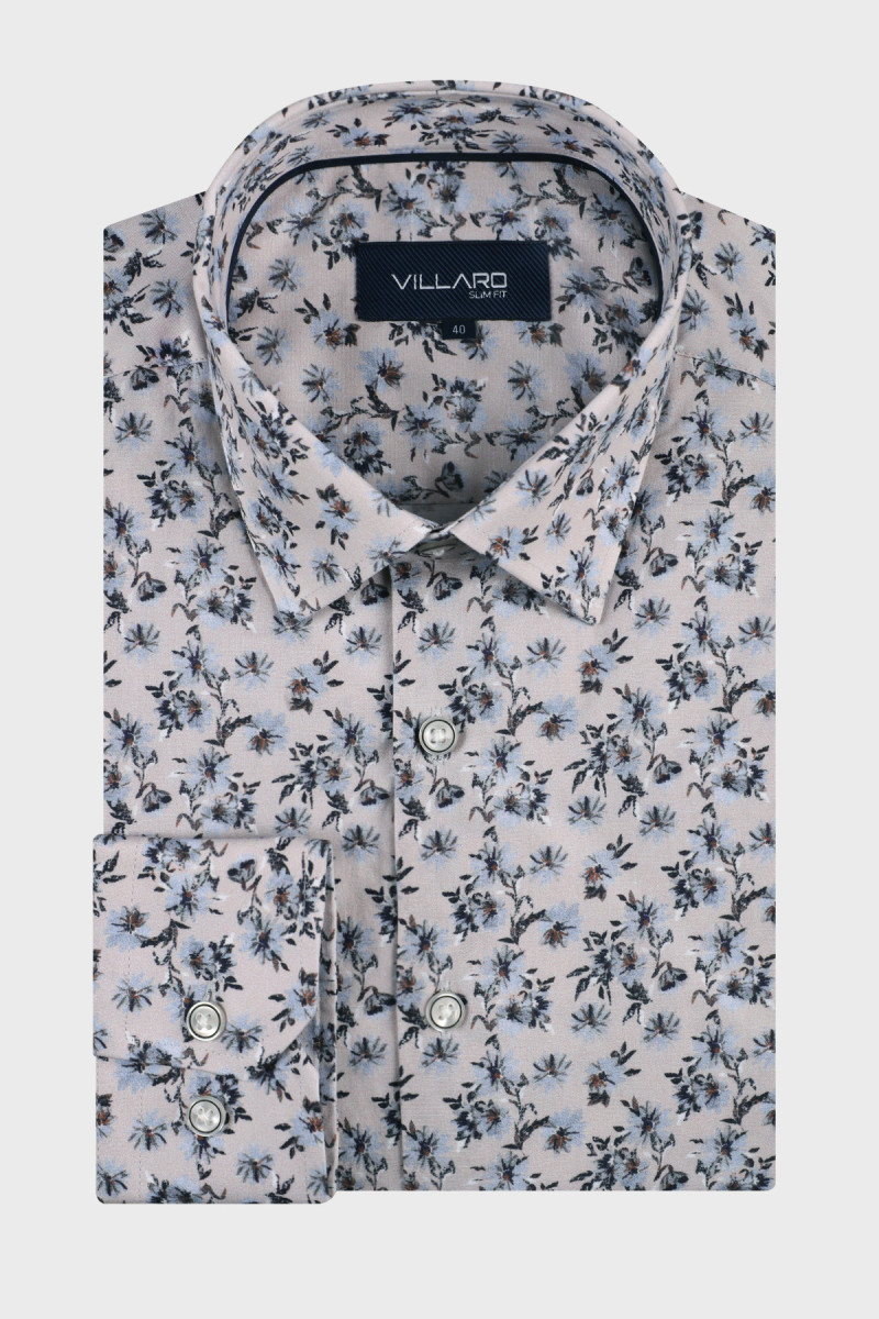 Beżowa koszula męska wzór kwiaty| Villaro