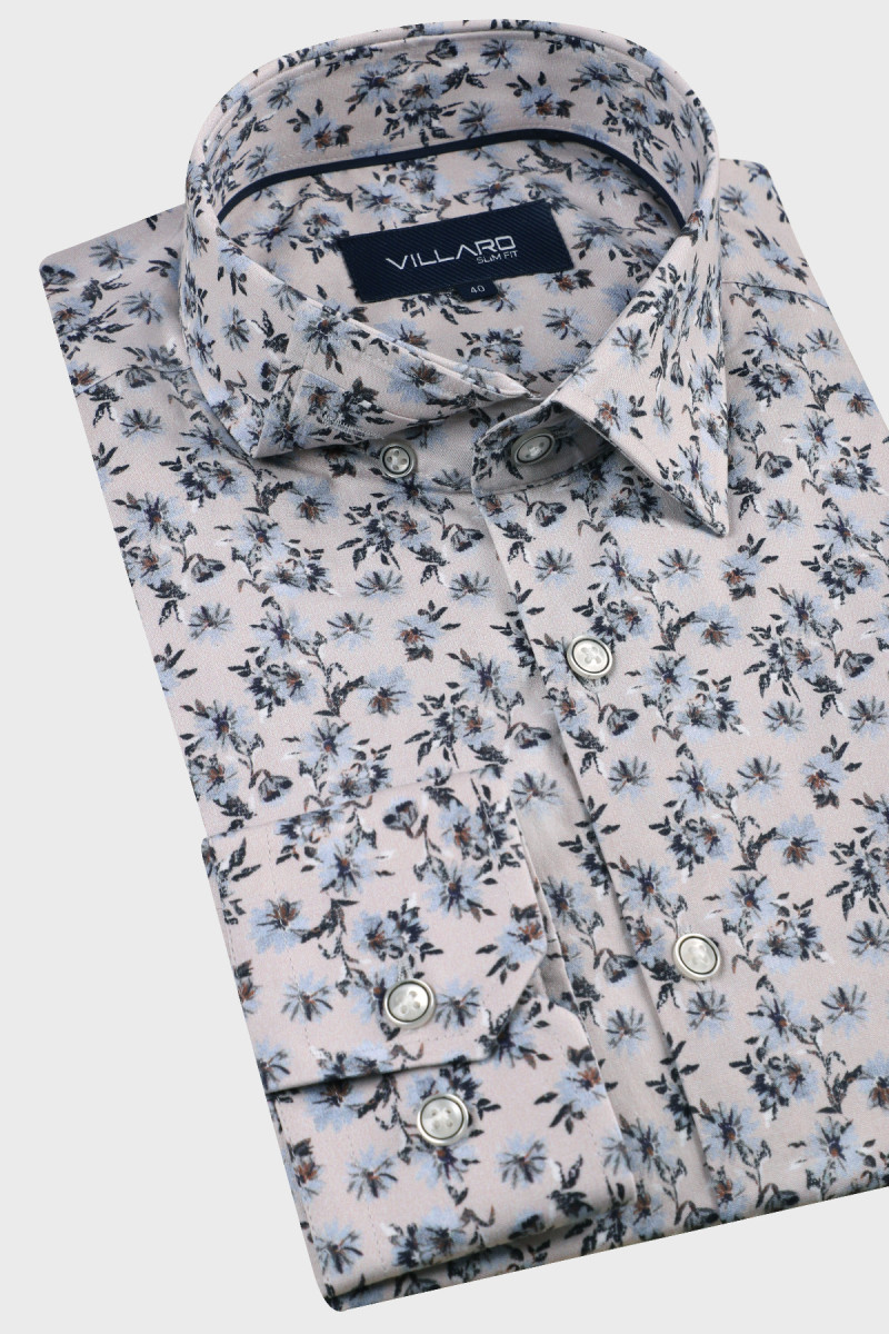 Beżowa koszula męska wzór kwiaty| Villaro
