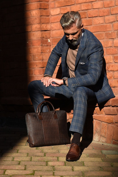 Granatowy Garnitur Męski Wzór Krata