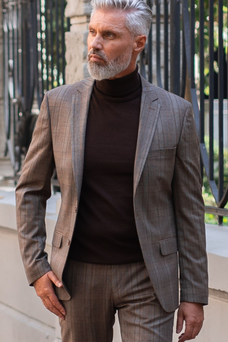 Brązowa Marynarka Męska Wzór Krata