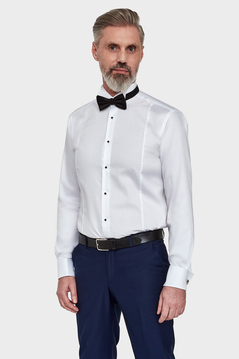 Biała koszula męska Villaro z plisami – elegancka koszula smokingowa cała sylweka