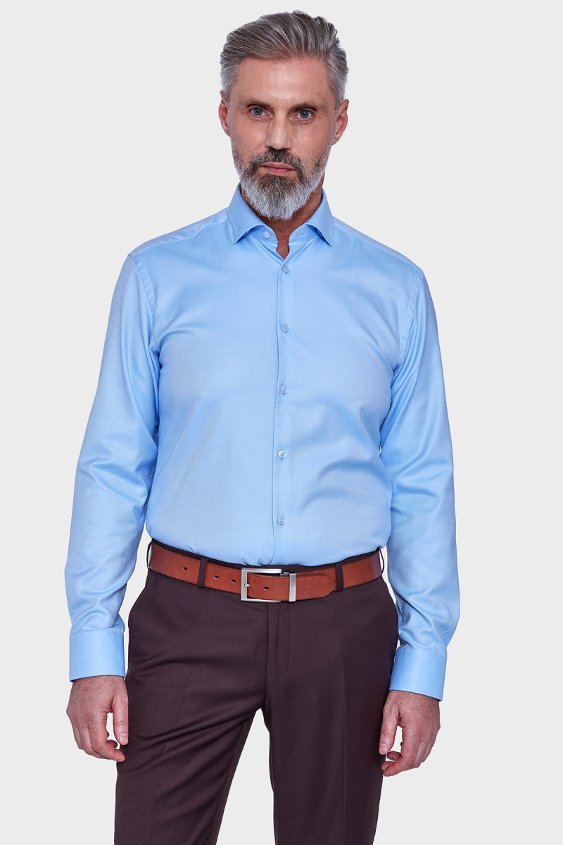 Niebieska koszula męska Villaro Limited – prążkowany splot cała sylwetka