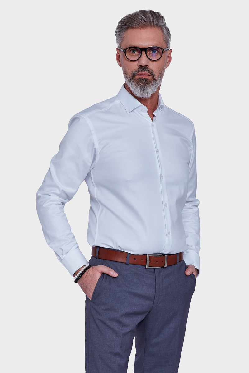 Biała koszula męska w prążki po skosie | Villaro