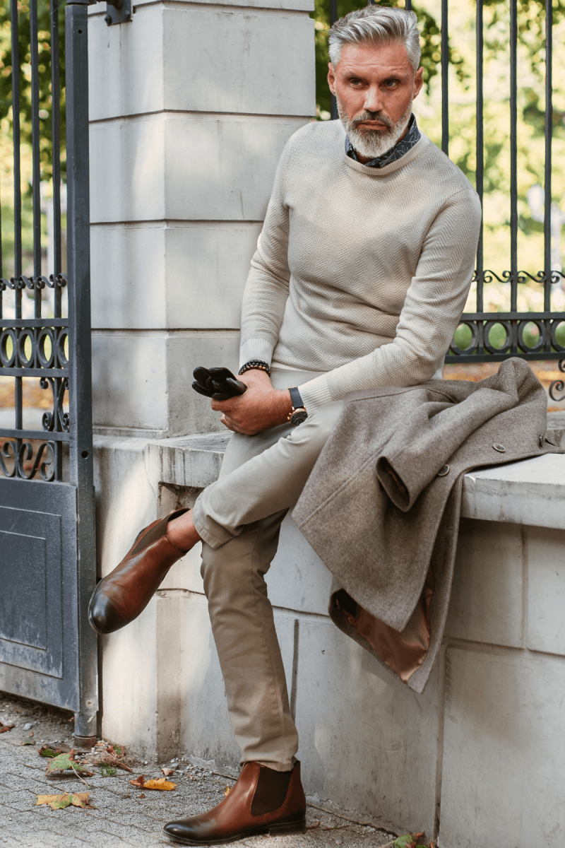 Beżowy Sweter Męski Wełna