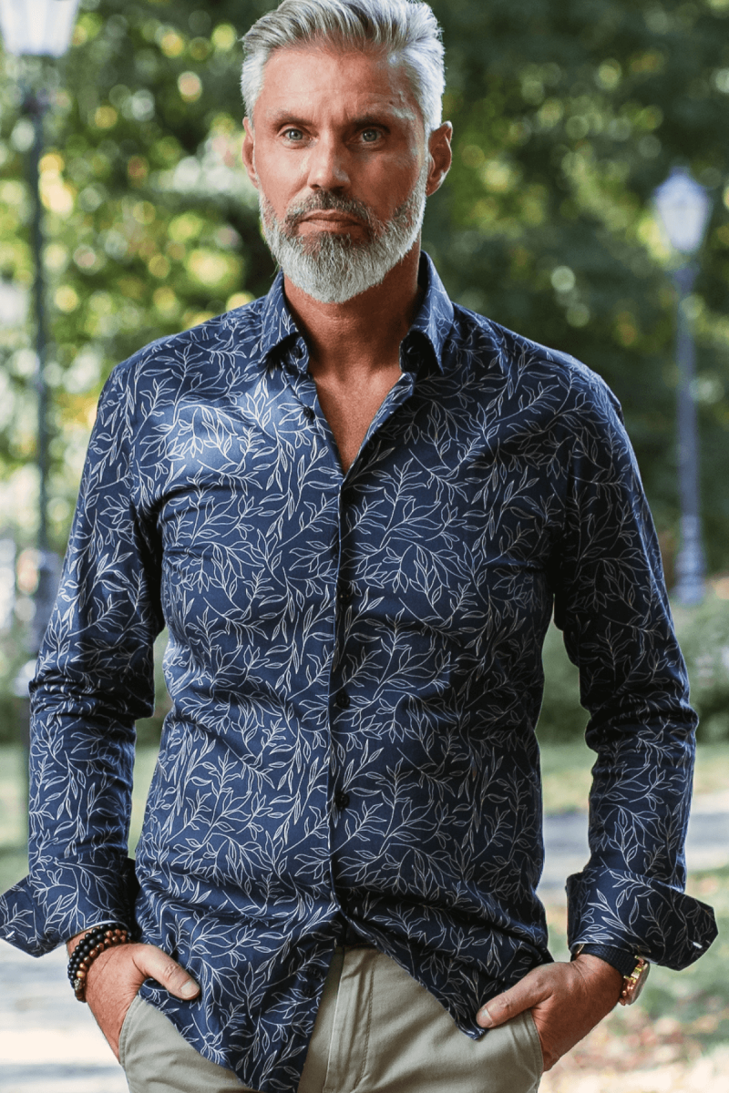 Granatowa koszula męska wzór roślinny | Villaro