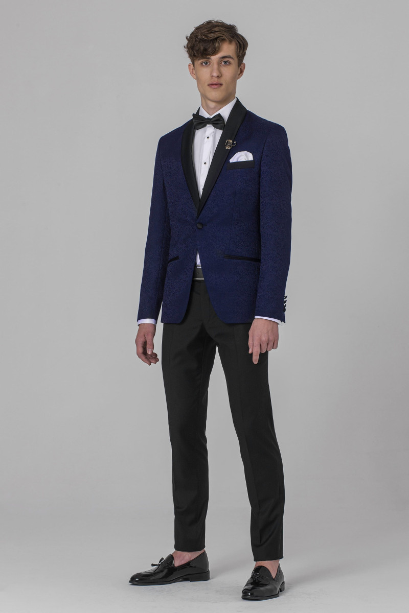 Granatowy Smoking Męski Żakard