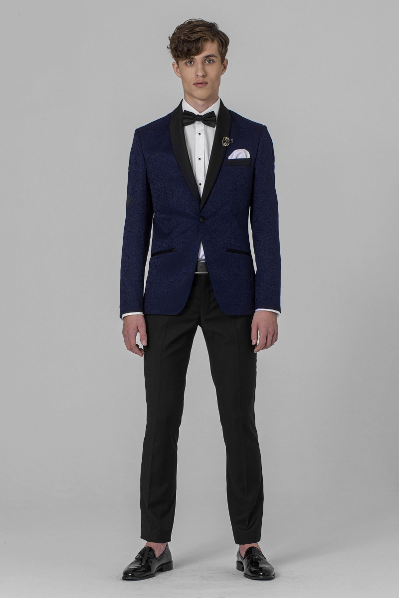 Granatowy Smoking Męski Żakard