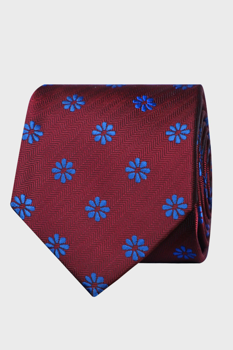 Krawat męski w kwiatowy wzór na bordowym tle | Villaro