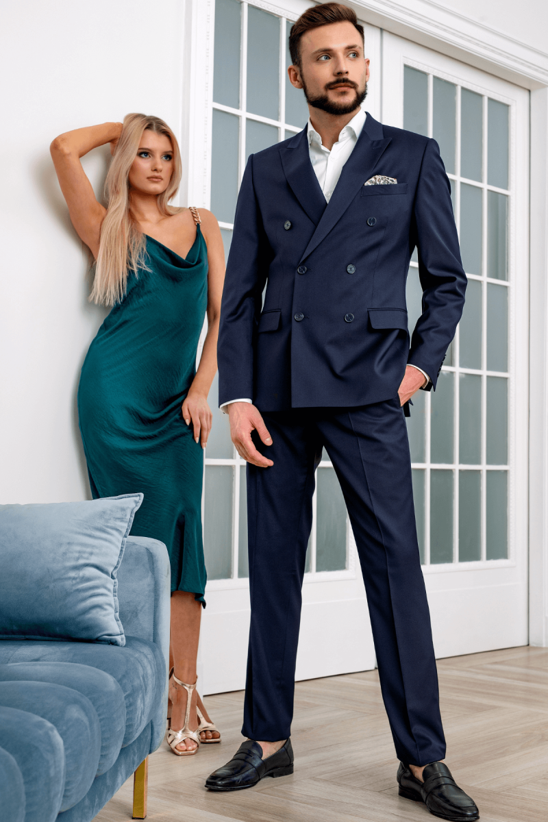 Granatowy garnitur męski dwurzędowy | Villaro