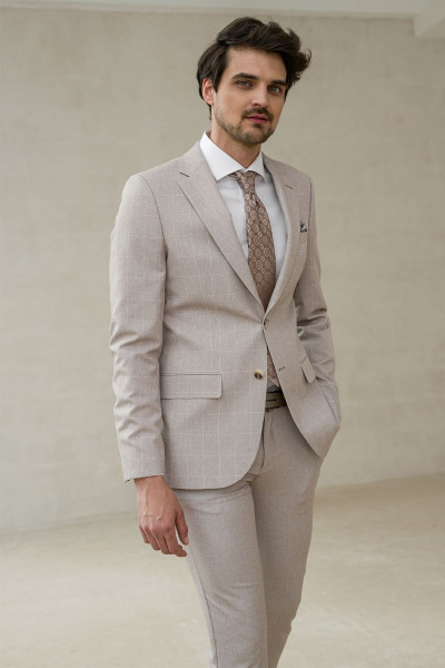 modna marynarka męska beżowa w kratę