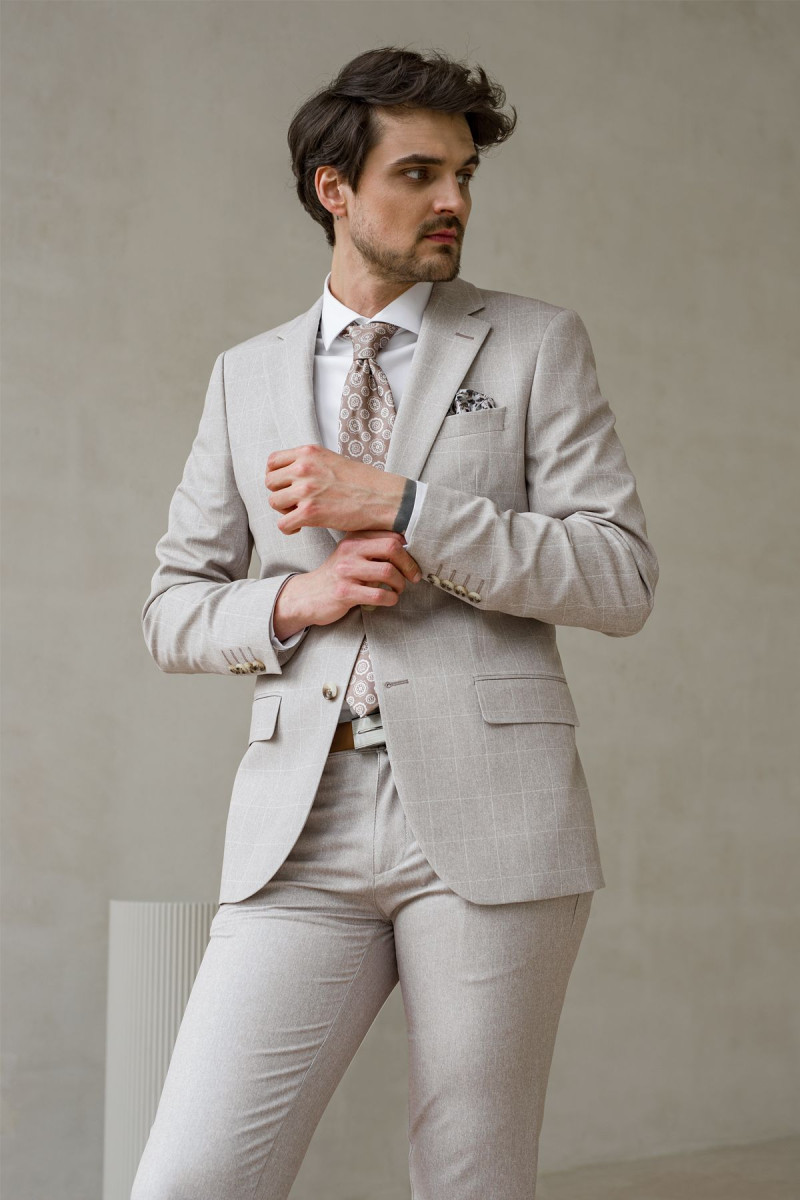 beżowa marynarka męska w kratę VILLARO