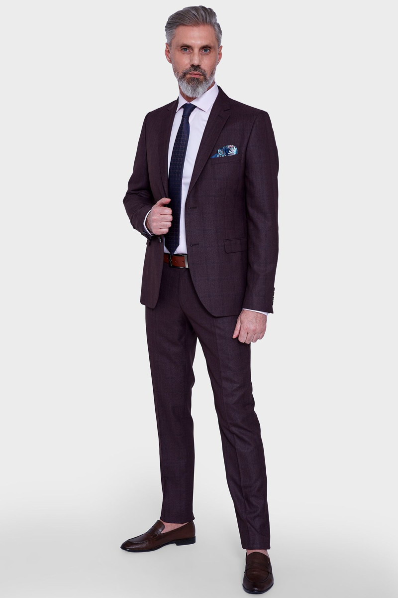 Brązowy garnitur męski wzór delikatna kratka | Villaro