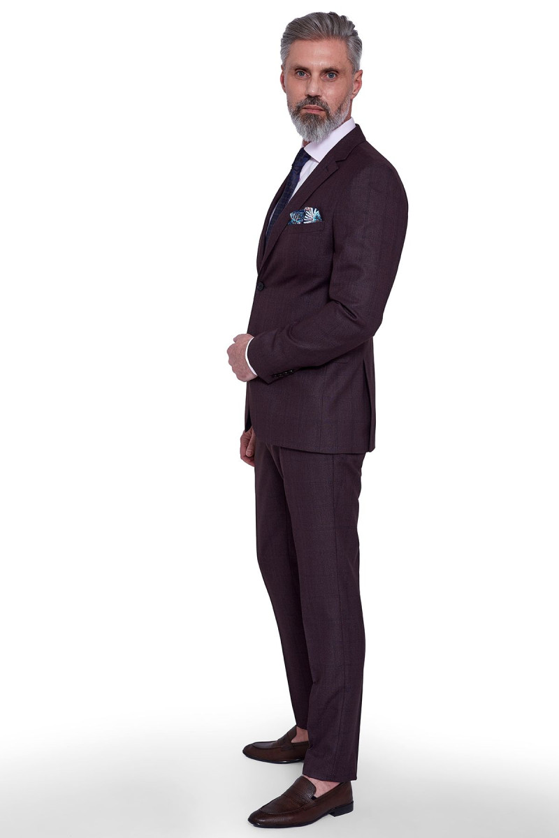 Brązowy garnitur męski wzór delikatna kratka | Villaro