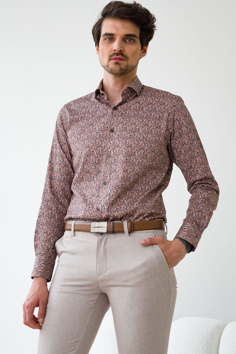 Koszula męska w kolorze brązowym wzorzysta | Villaro
