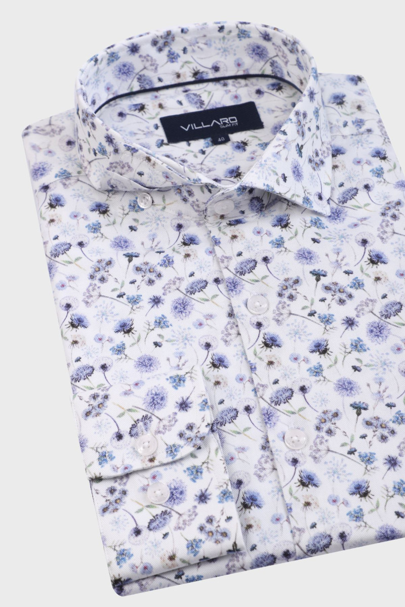 Koszula męska z drukiem kwiatowym w odcieniach niebieskiego | Villaro