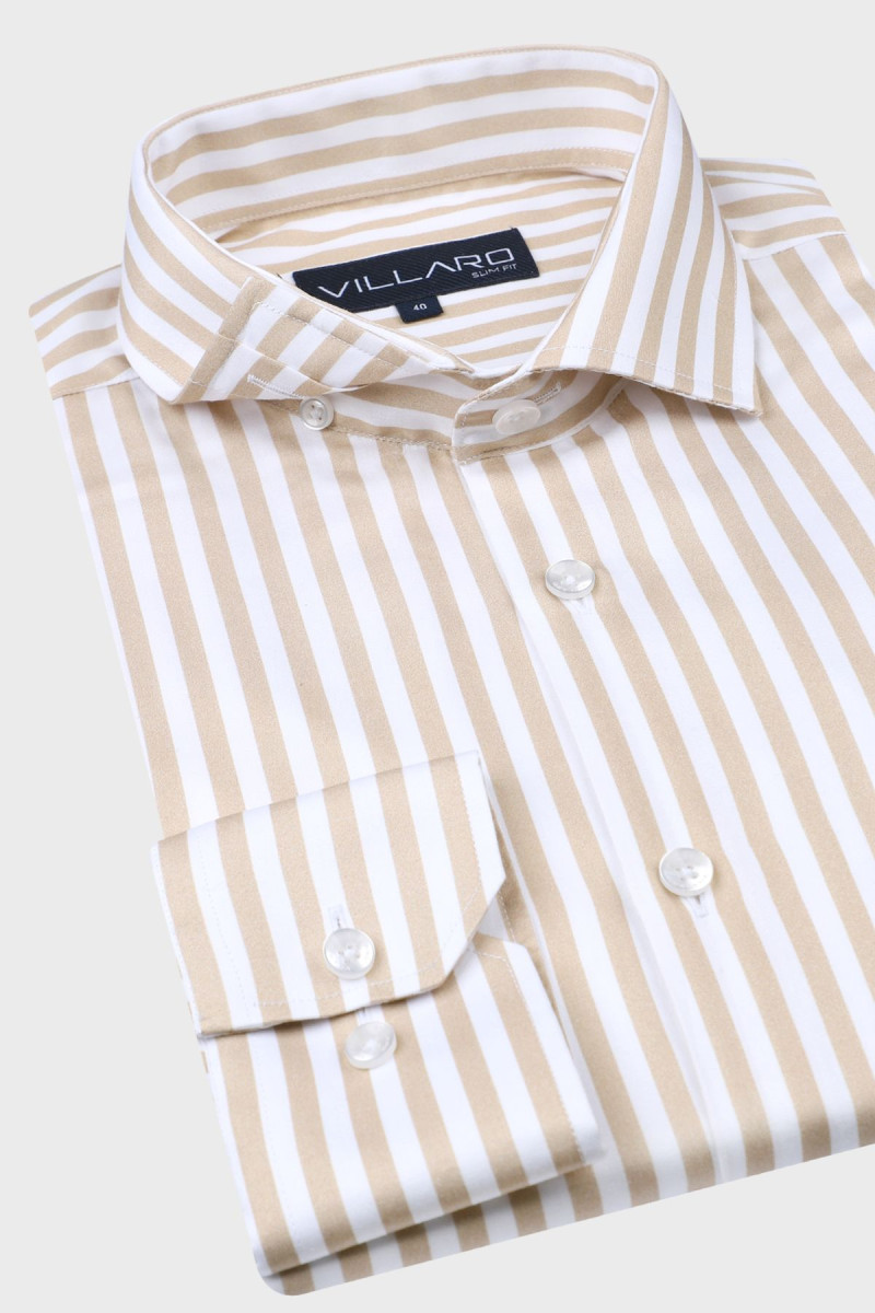 Beżowa koszula męska wzór paski | Villaro