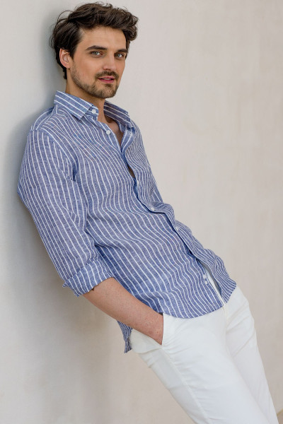 Granatowa Koszula Męska Wzór Paski Len