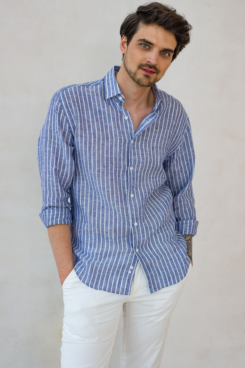 Granatowa koszula męska wzór paski len | Villaro