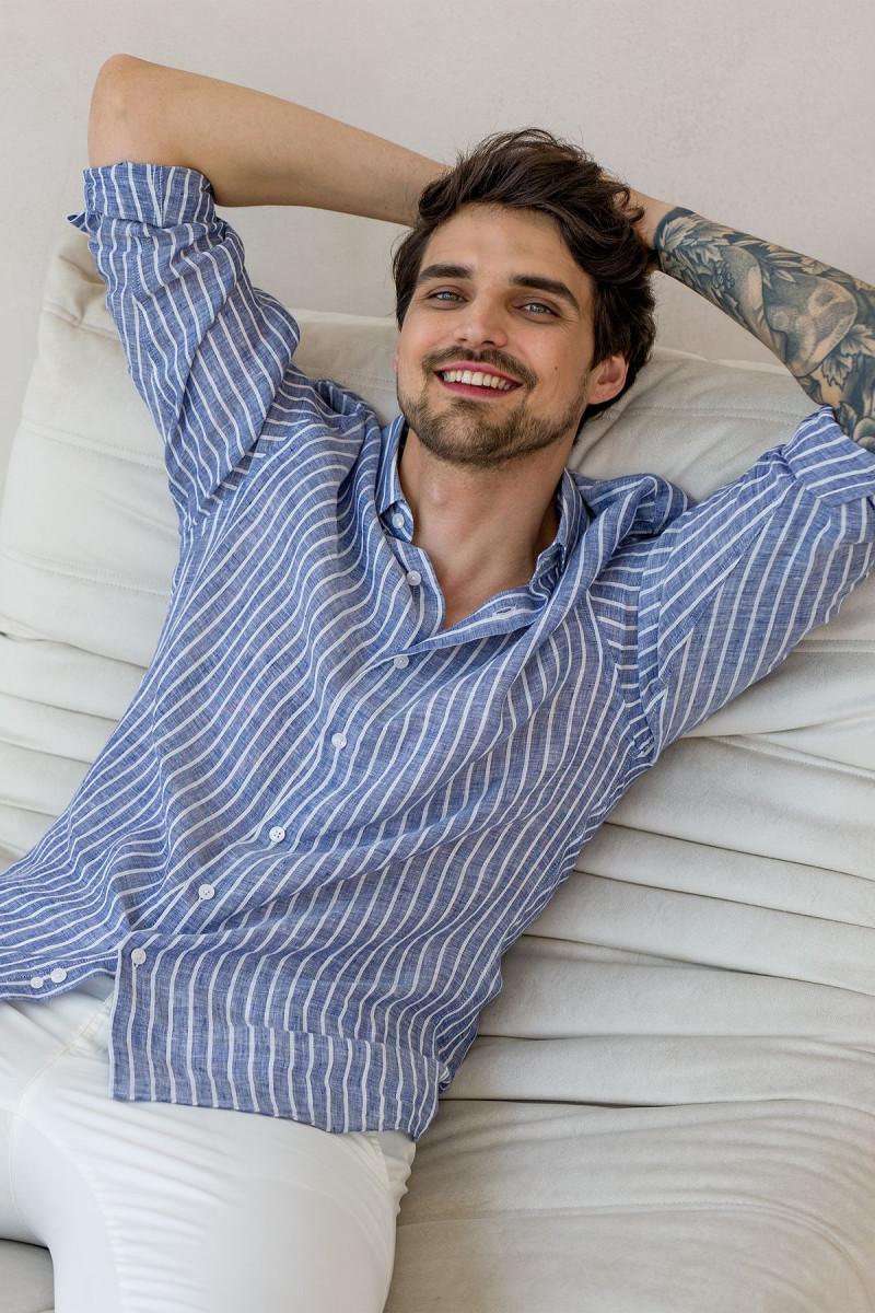 Granatowa koszula męska wzór paski len | Villaro