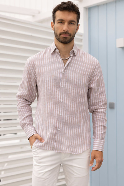 Beżowa koszula męska wzór paski len | Villaro