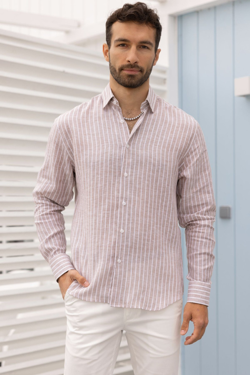 Beżowa koszula męska wzór paski len | Villaro