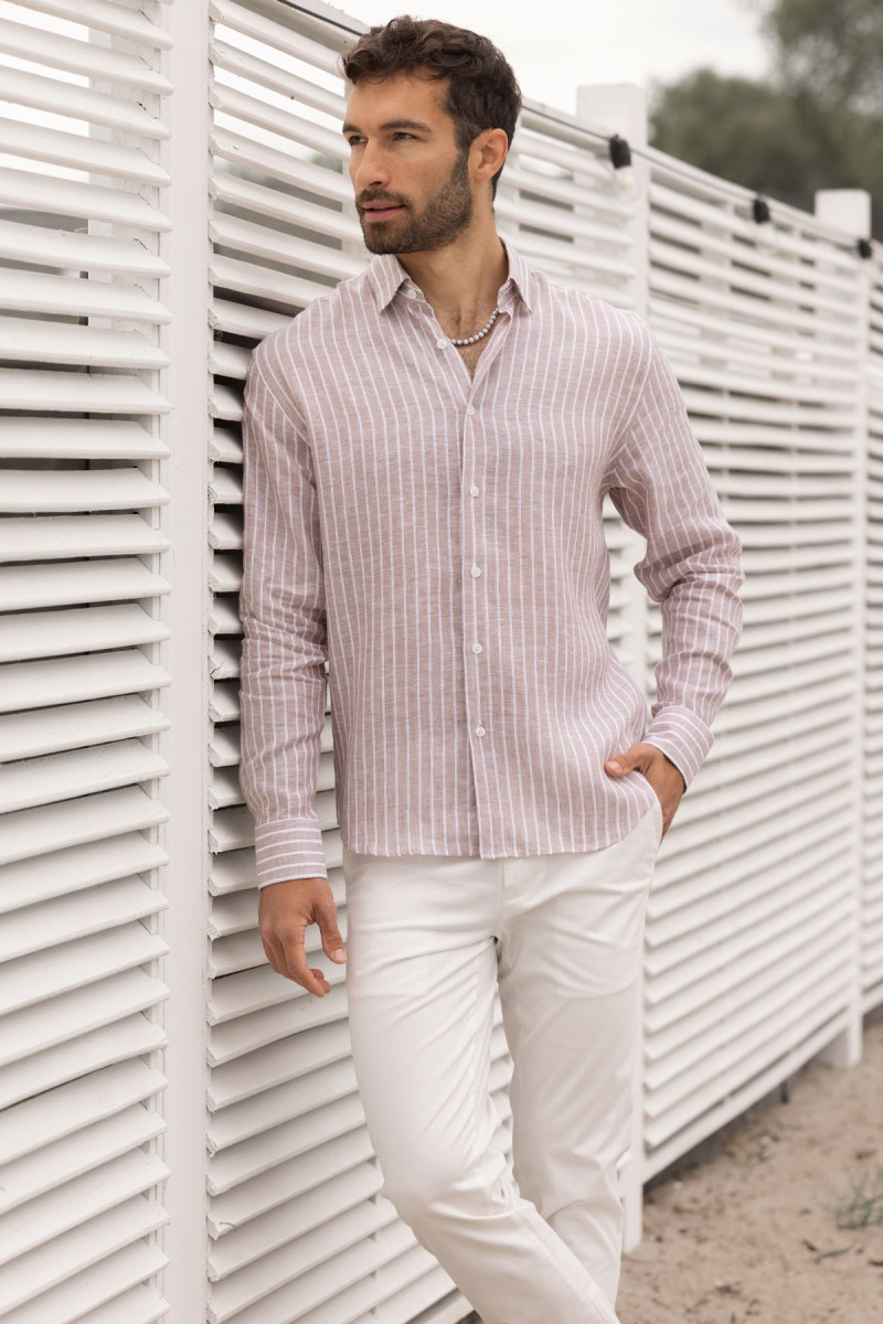 Beżowa koszula męska wzór paski len | Villaro