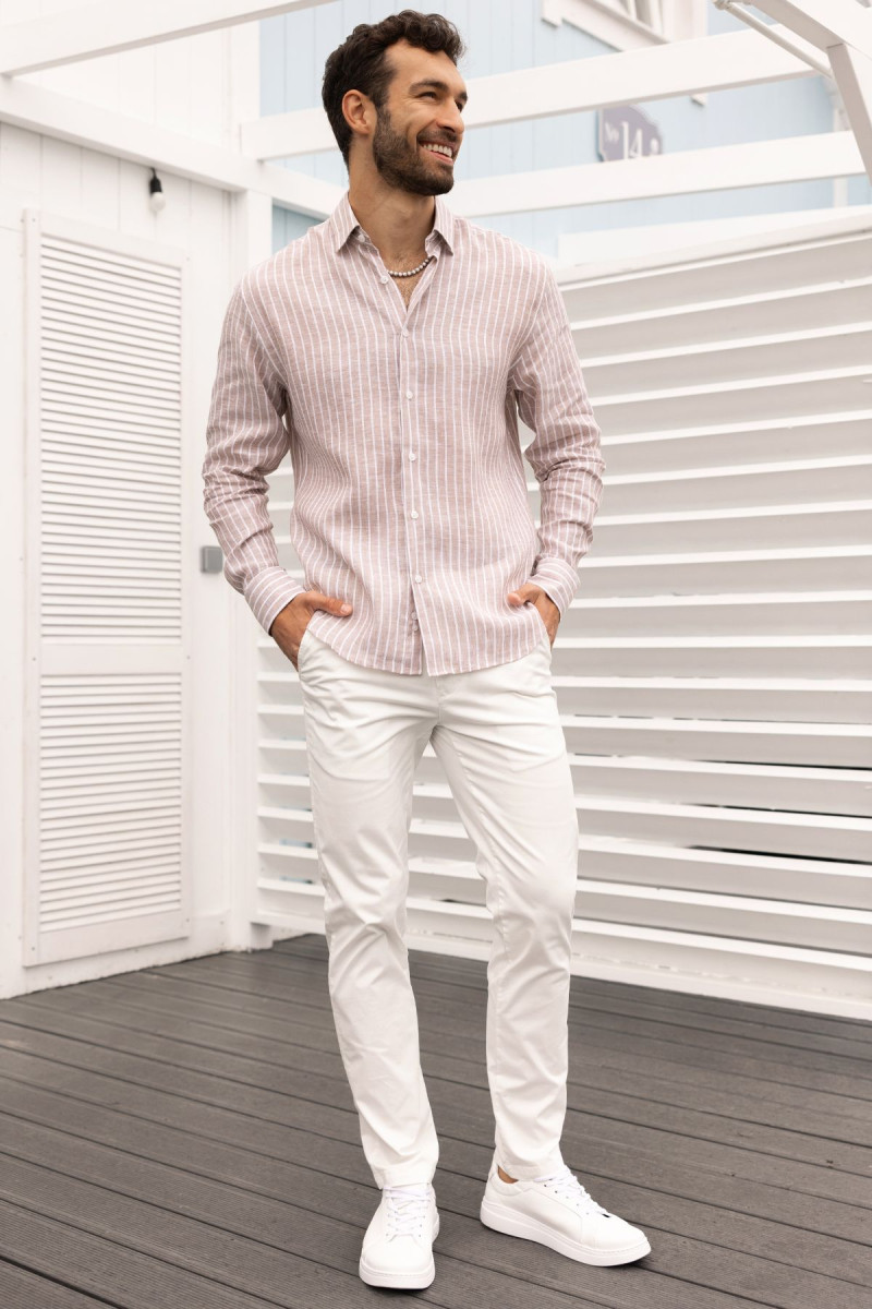 Beżowa koszula męska wzór paski len | Villaro