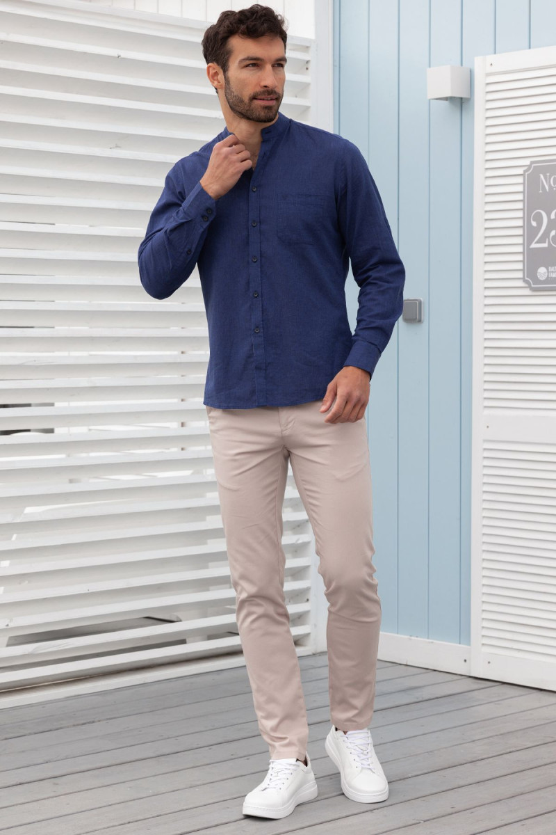 Koszula męska granatowa ze stójką lniana | Villaro