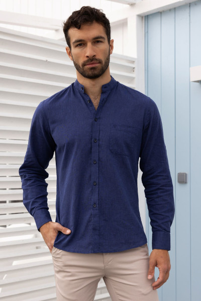 Koszula męska granatowa ze stójką lniana | Villaro