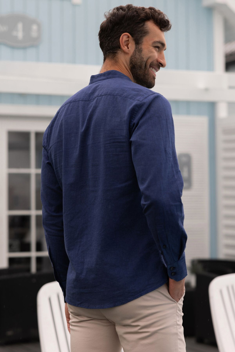 Koszula męska granatowa ze stójką lniana | Villaro
