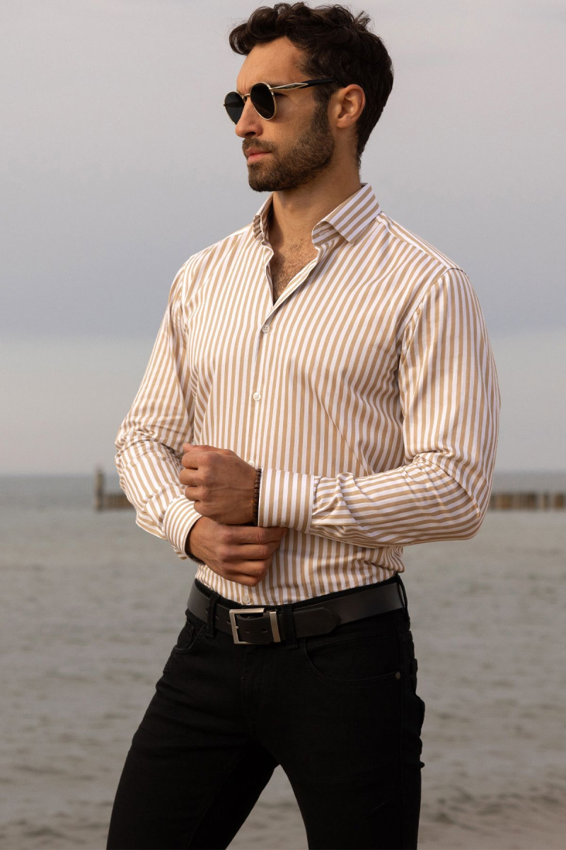 Beżowa koszula męska wzór paski | Villaro