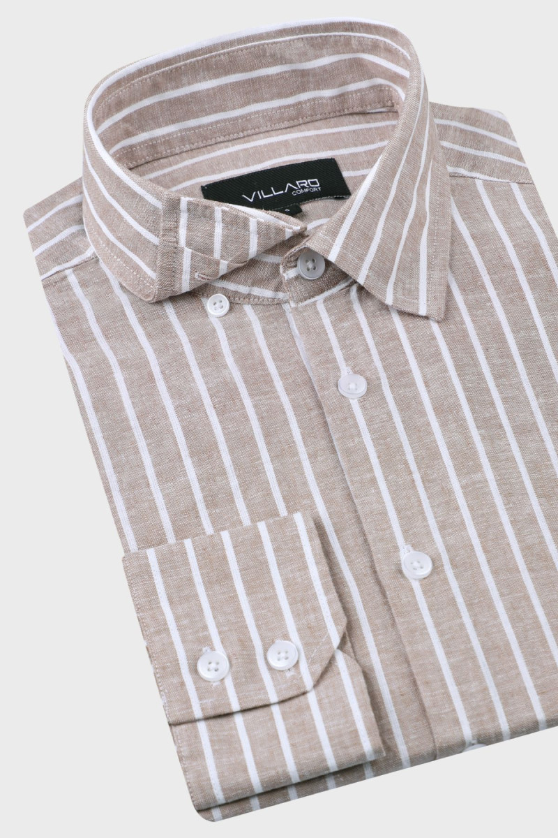 Beżowa koszula męska wzór paski len | Villaro