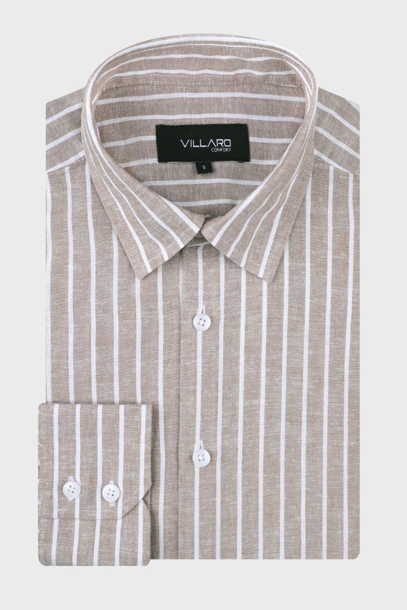 Beżowa koszula męska wzór paski len | Villaro