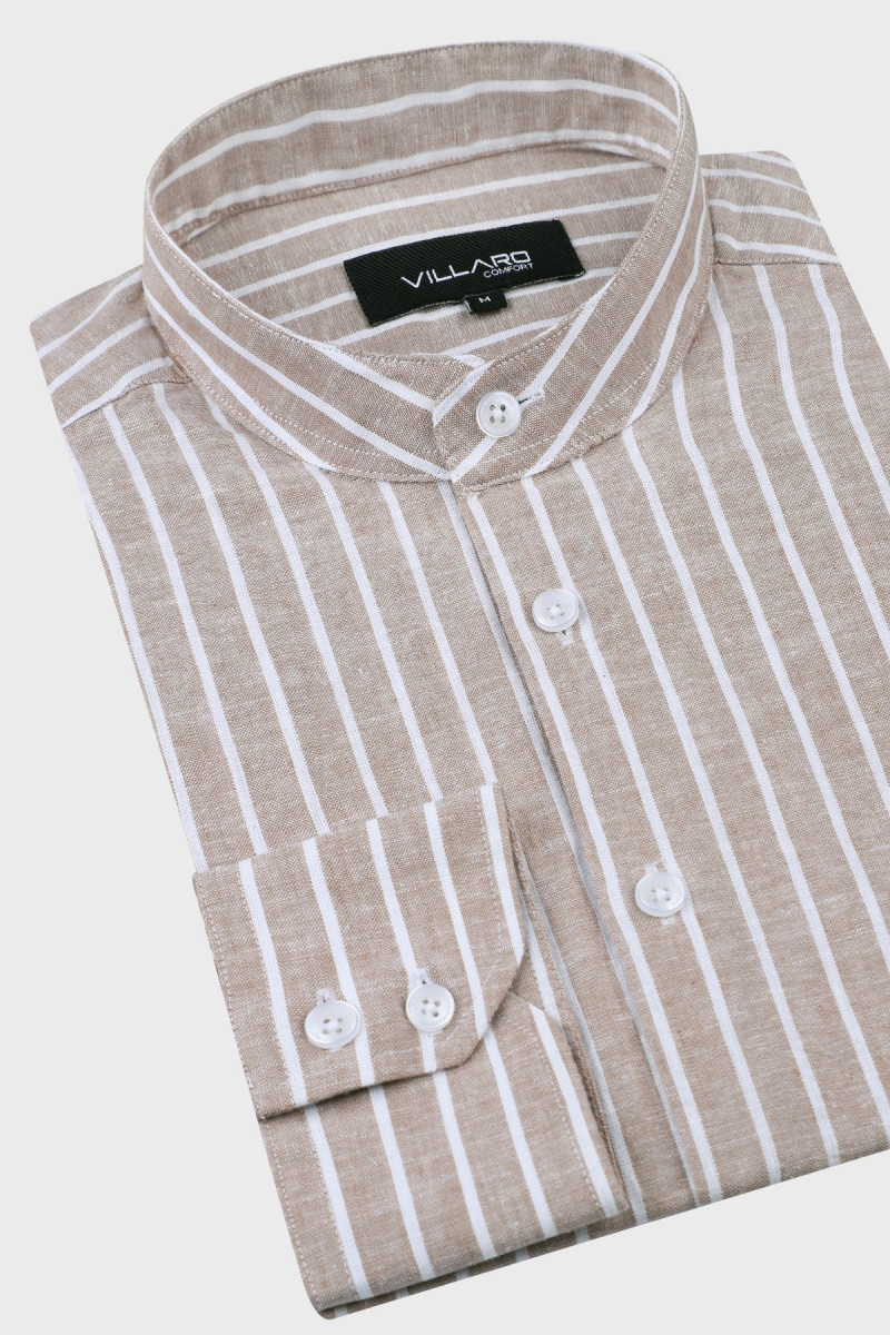 Beżowa koszula męska stójka len | Villaro