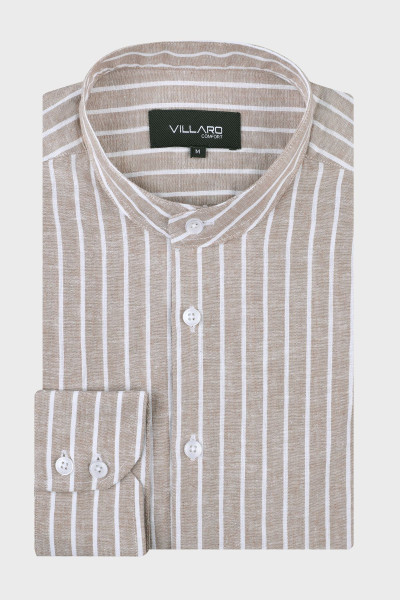 Beżowa koszula męska stójka len | Villaro