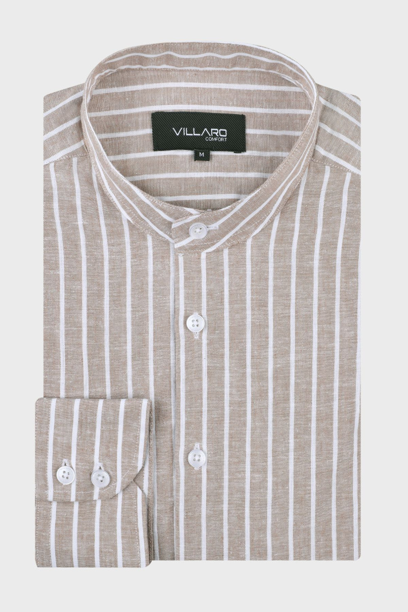 Beżowa koszula męska stójka len | Villaro