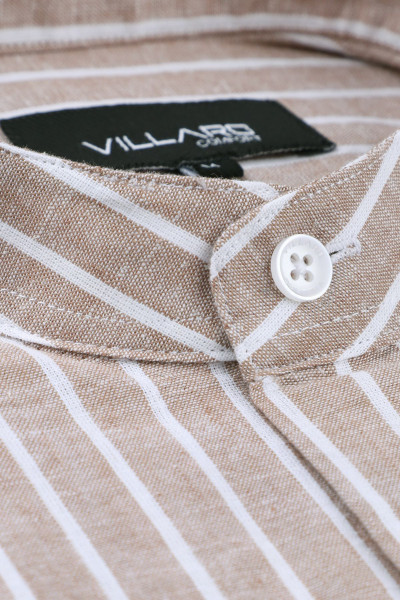 Beżowa Koszula Męska Stójka Len