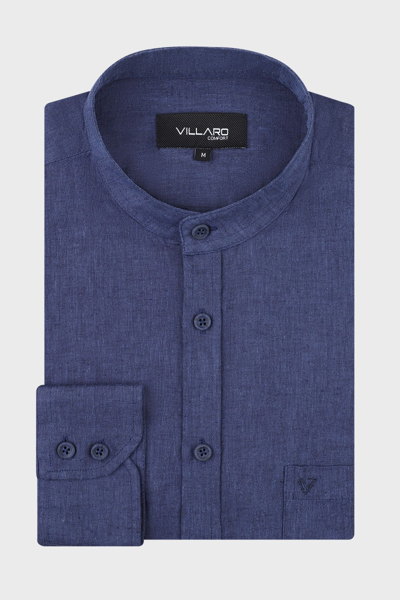 Koszula męska granatowa ze stójką lniana | Villaro