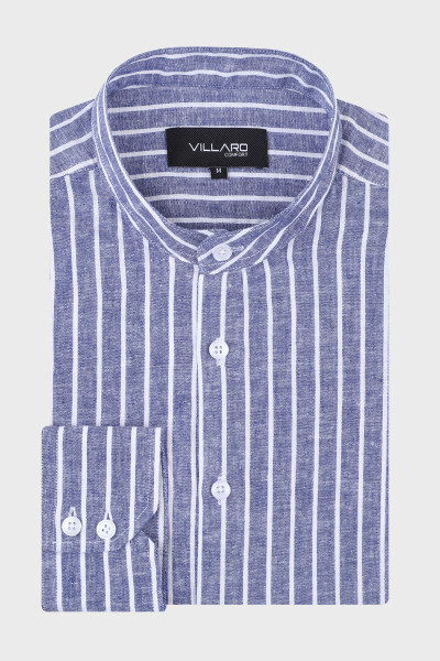 Granatowa koszula męska w paski ze stójką len | Villaro