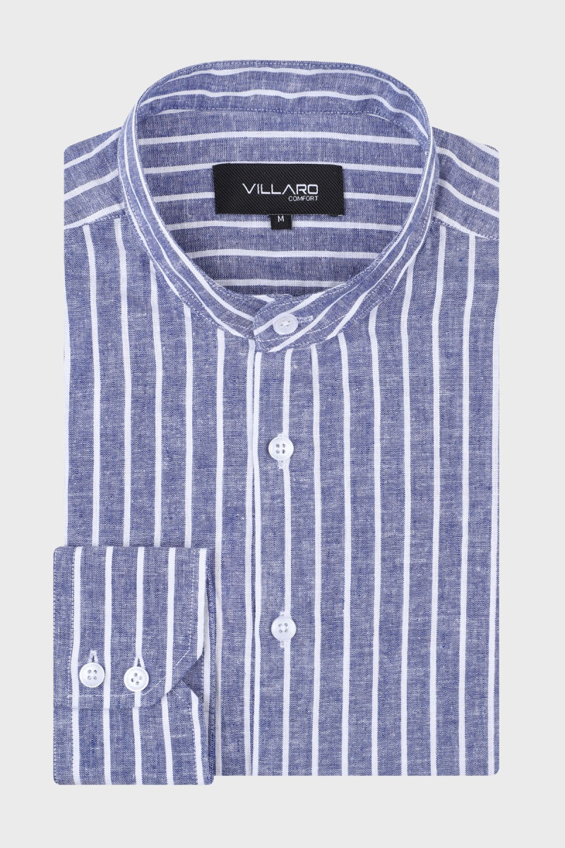 Granatowa koszula męska w paski ze stójką len | Villaro