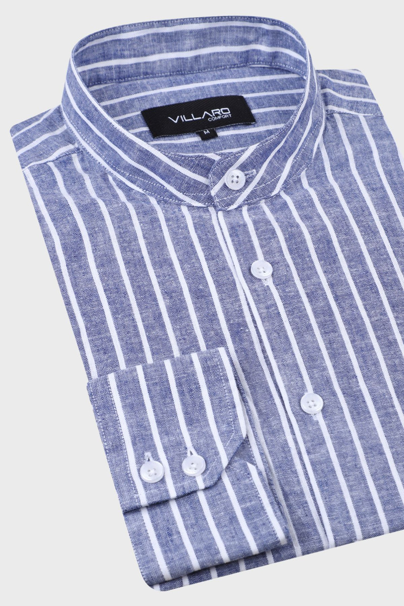 Granatowa koszula męska w paski ze stójką len | Villaro