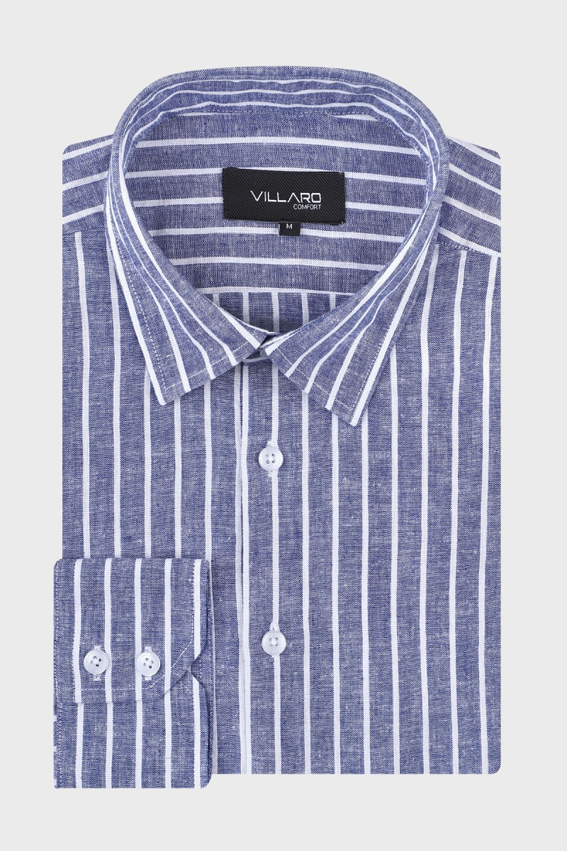 Granatowa koszula męska wzór paski len | Villaro