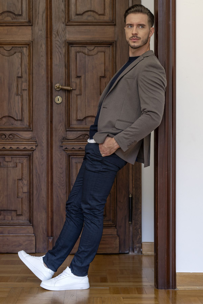 Granatowe Spodnie Męskie Chinosy Wzór Krata