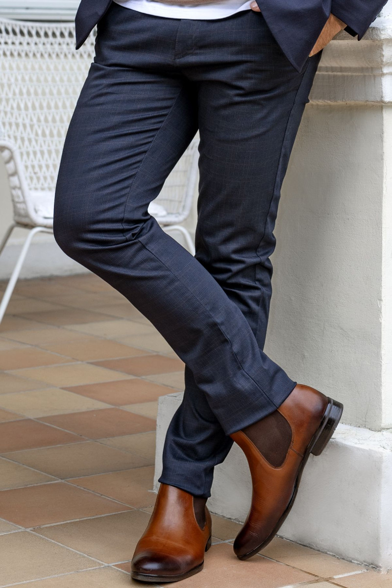 Granatowe Spodnie Męskie Chinosy Wzór Krata