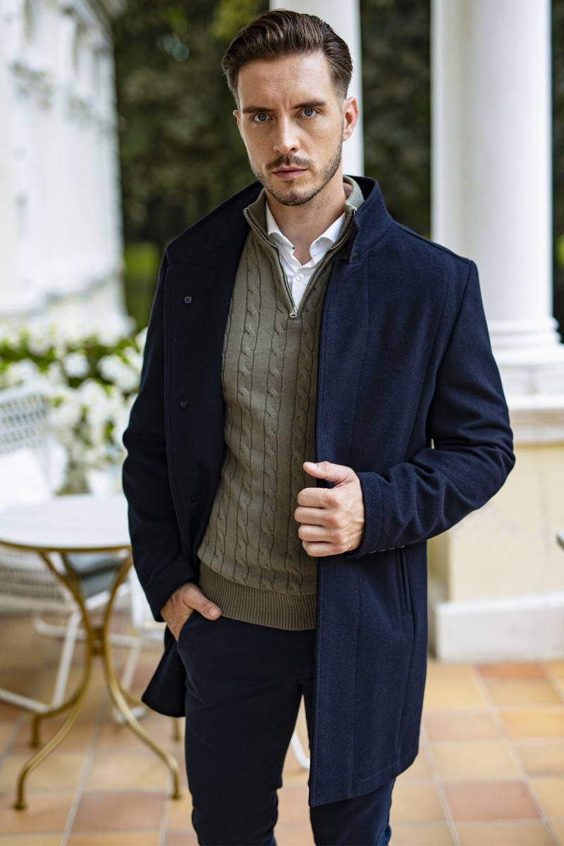 Granatowy Płaszcz Męski Wełna